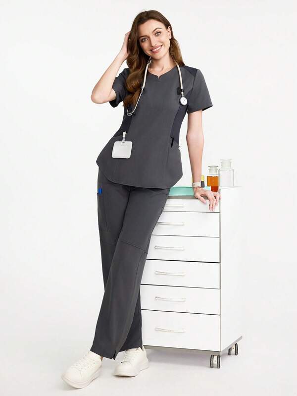 TaskEZ Short Sleeve Top And Long Pants Scrub Uniform Set Women Summer Tops Professional Clothes Women Sets Scrubs For Women Set Work Clothes Women Set Office Clothes For Women