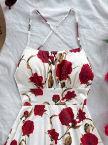 Soleia Plus Size Women Holiday Romantic Red Floral Pattern Spaghetti Strap Backless A-Line Mini Dress, Spring/Summer Fashion Sexy Sundress For Beach, Cruise, Valentine's Day, Carnival, Easter, Chinese New Year