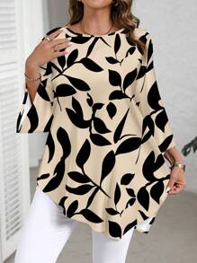 EMERY ROSE Plus Size Vacation Colorblock Leaf Printed Casual Minimalist All-Over Print Shirt, Spring Autumn