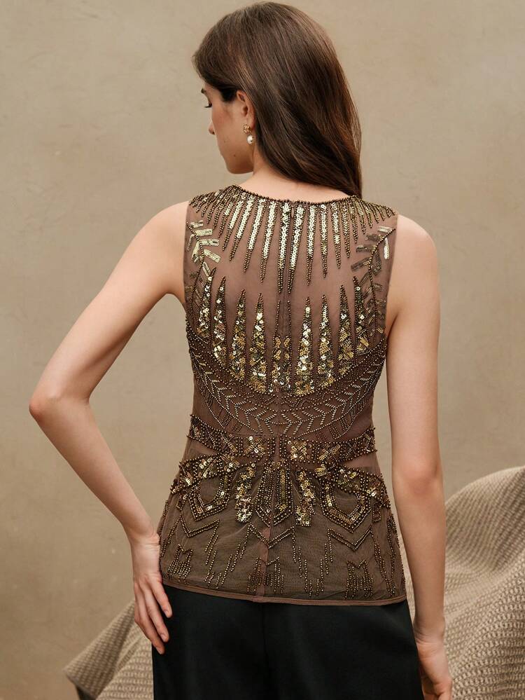 Anewsta Elaire 女性用エレガントなヴィンテージノースリーブシーケンスカクテルトップ、オールドマネーサマー、フェスティバル