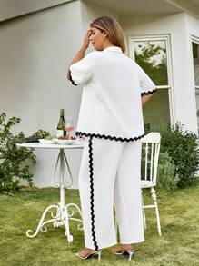 KURAYIA Plus Size Women's Colorblock Ruffle Texture Fabric Open Front Straight Shirt And Wide Leg Pants Set, Spring/Summer