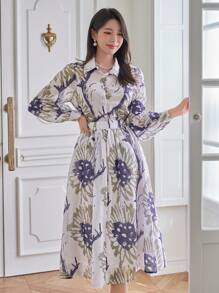 DAZY Bộ 2 món áo và chân váy tay phồng in hoa toàn thân dành cho nữ, trang phục giáo viên, quần áo nữ mùa thu, trang phục đi nghỉ mát, trang phục lễ Phục sinh. - Màu xanh hải quân - Xem 6