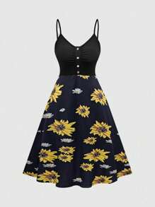 SHEIN LUNE Plus Size Sunflower Print Spaghetti Strap Dress, Cooling, Stress Relief Outfit, Evening Long Gown, Elegant Fashion Women Loungewear - Multicolor - View 1