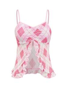 Plaid Front Slit Chest Ruched Ruffled Hem Cute Sweet Teenage Girls Camisole - Pink - View 1