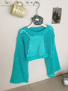Áo len dài tay cổ tròn rộng rãi màu trơn cho bé gái tuổi mới lớn - Màu xanh ngọc - Xem 6