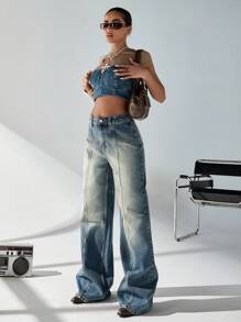 SHEIN Cottnline High Rise Light Blue Women Jeans, Fashionable For Summer - Light Wash - View 5