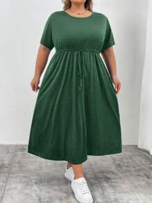 SHEIN CURVE+ Vestido holgado de manga larga negro con cinturón y bolsillos, estilo casual de verano para mujer de talla grande