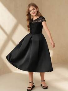 SHEIN Tween Girls' Elegant Solid Color Lace Patchwork Party Dress - Black - View 3