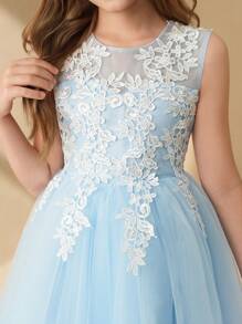 SHEIN Wedding Flower Girl Princess Tulle Dress, Tween Girl Formal Party Gown, Flower Girl Dress, Flower Girl Bridesmaid Dress, Girls Piano Recital Dress - Blue - View 3