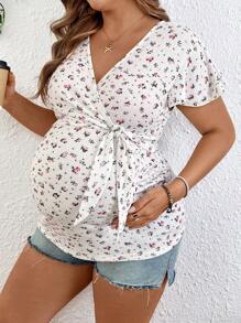 SHEIN Plus Size Women Ditsy Floral Short Sleeve Tie-Waist Nursing Maternity Top - White - View 6