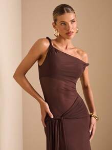 SHEIN BAE Đầm Maxi Lưới Xoắn Ruy Băng Bất Đối Xứng Vai Xiên Cho Kỳ Nghỉ Biển Mùa Hè Dành Cho Nữ - màu nâu - Xem 7