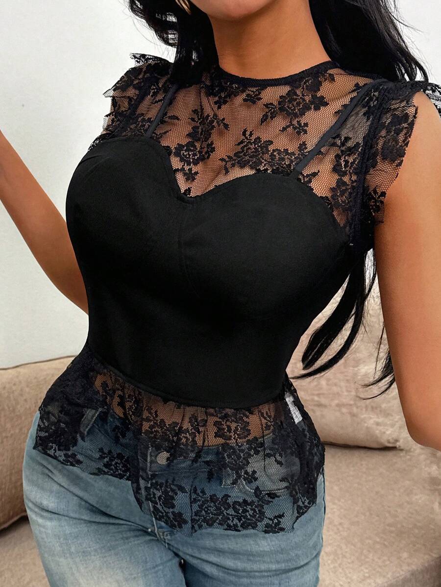 Livesso 女士夏季蕾丝撞色网纱透视吊带背心,荷叶边外出上衣 - 黑色 - 查看 1