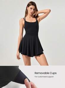 FeatherFit™-Air Dress To Impress Váy thể thao Peekaboo cổ tròn hai lớp, dây đeo vai đôi, có quần short tích hợp, túi bên hông, tay cầm chống trượt, tác động thấp, chơi tennis, chơi golf, chơi bóng chày, mặc hàng ngày - màu đen - Xem 3