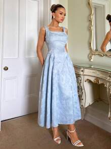 Glamine Charm 早春新款方领蝴蝶结后带A字休闲派对中长连衣裙 - 藍色 - 查看 4