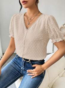 Elenzga Women's French Solid Color Swiss Dot Ruffle Detail V-Neck Puff Sleeve Blouse - Apricot - View 6