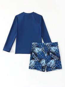 SHEIN Tween Boy Letter Print Long Sleeve Top And Plant Pattern Swim Trunks Set - Multicolor - View 2