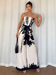 Chiquease 女士优雅印花束腰连体裤