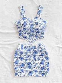 Soleia 女士粉色碎花修身背心和迷你裙两件套，海岛度假装 - 藍白色 - 查看 5