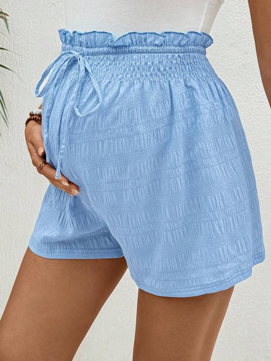 SHEIN Elastic Waist Wide-Leg Maternity Shorts, Solid Color, Fashionable For Summer - Baby Blue - View 1