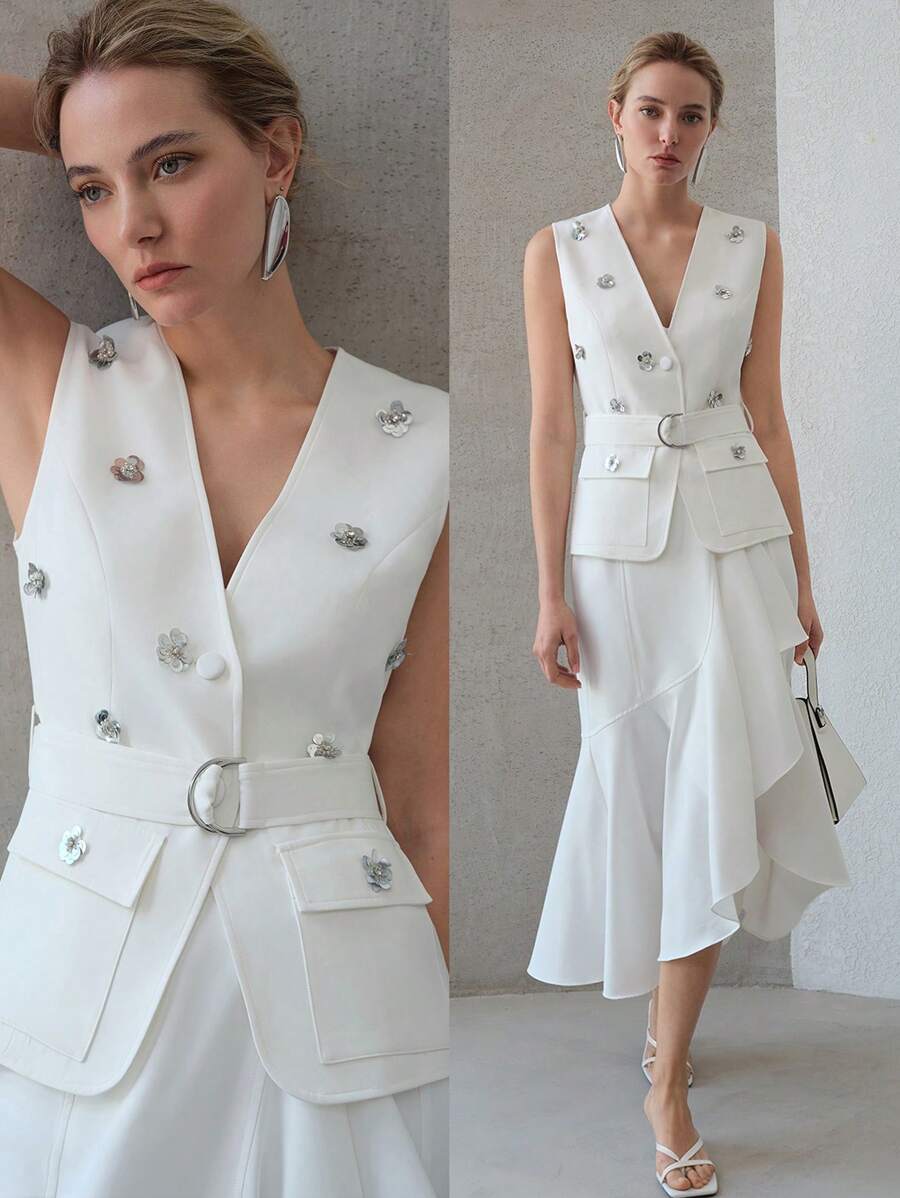 MOTF PREMIUM 系腰带亮片无袖夹克 - 白色 - 查看 1