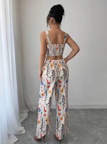 Elenzga Women's Elegant Apricot Ditsy Floral V-Neck Racerback Camisole + Women's Graceful Ditsy Floral Straight Leg Pants, Spring/Summer - Multicolor - View 2