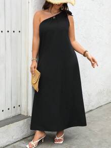 Vestido largo de un solo hombro en unicolor, talla grande, vestimenta casual de verano para mujer