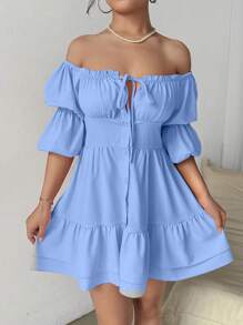 Calvaya Vestido corto con hombros descubiertos, volantes, lazo y volante en el bajo, vestimenta femenina y elegante para mujeres