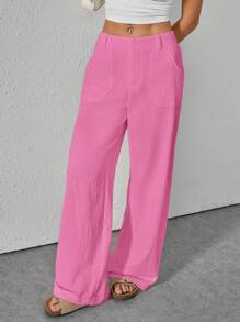 SHEIN PETITE 休闲纯色宽松低腰阔腿裤