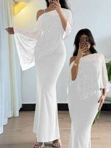 Chiquease 2 件套女士波尔卡圆点网眼不对称领口上衣和修身优雅美人鱼下摆吊带背心连衣裙 - 白色 - 查看 1