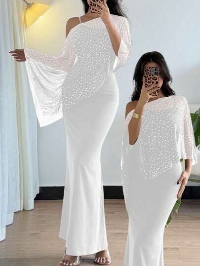 Chiquease 2 件套女士波尔卡圆点网眼不对称领口上衣和修身优雅美人鱼下摆吊带背心连衣裙