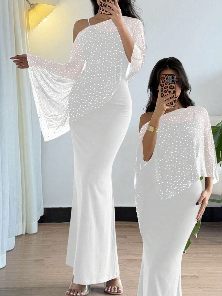 Chiquease 2 件套女士波尔卡圆点网眼不对称领口上衣和修身优雅美人鱼下摆吊带背心连衣裙 - 白色 - 查看 1