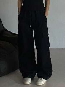 DAZY Pantalones sueltos, casuales y simples con bolsillo y nudo delantero de unicolor para mujer, para otoño - Negro - Ver 2