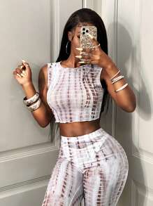 BamGleam 2 件套女士扎染印花短款吊带背心和喇叭裤时尚套装 - 彩色 - 查看 4