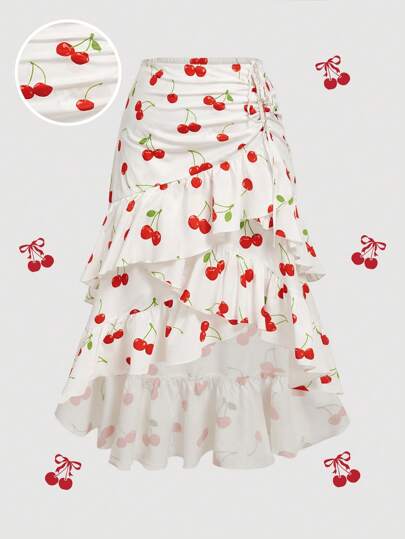 SHEIN MOD Plus Size Women Cherry Print Layered Ruffle Trim Casual Skirt.Peplum Skirts For Women.