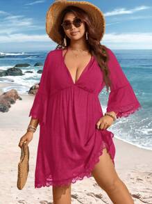 Swim Lushoire V-Neck Lace Patchwork Bell Sleeve Loose Plus Size Cover Up Dress For Summer Beach Vacation - Hot Pink - View 5