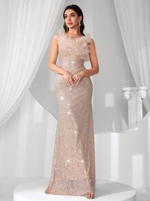 Coutiva Elegant Mesh Sequin Embellished Formal Evening Gown, Party Dress, For Wedding Guest - Apricot - View 5