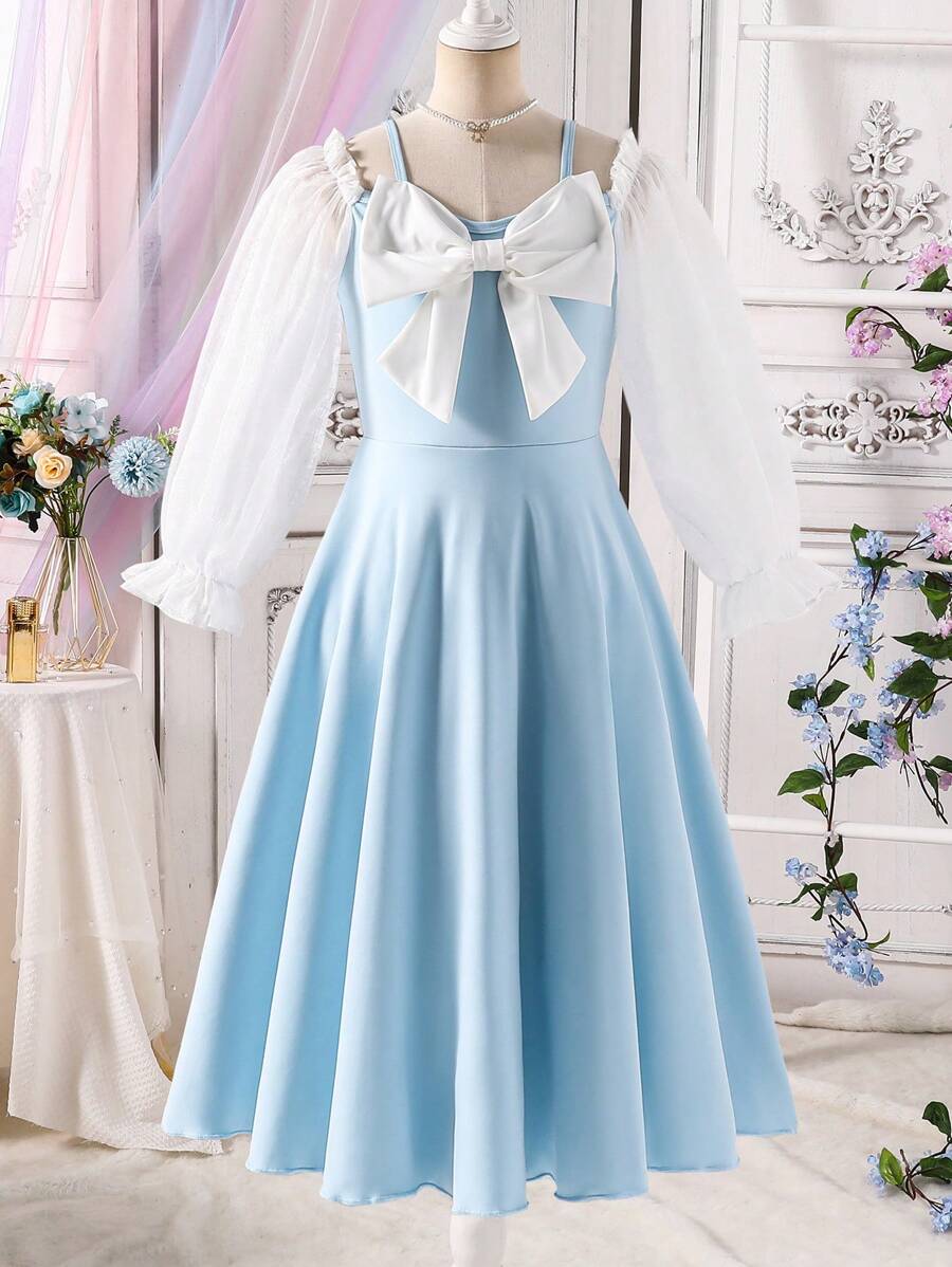 Tween Girls' Bow Decor Contrast Color Long Sleeve Cute Dress - Multicolor - View 1
