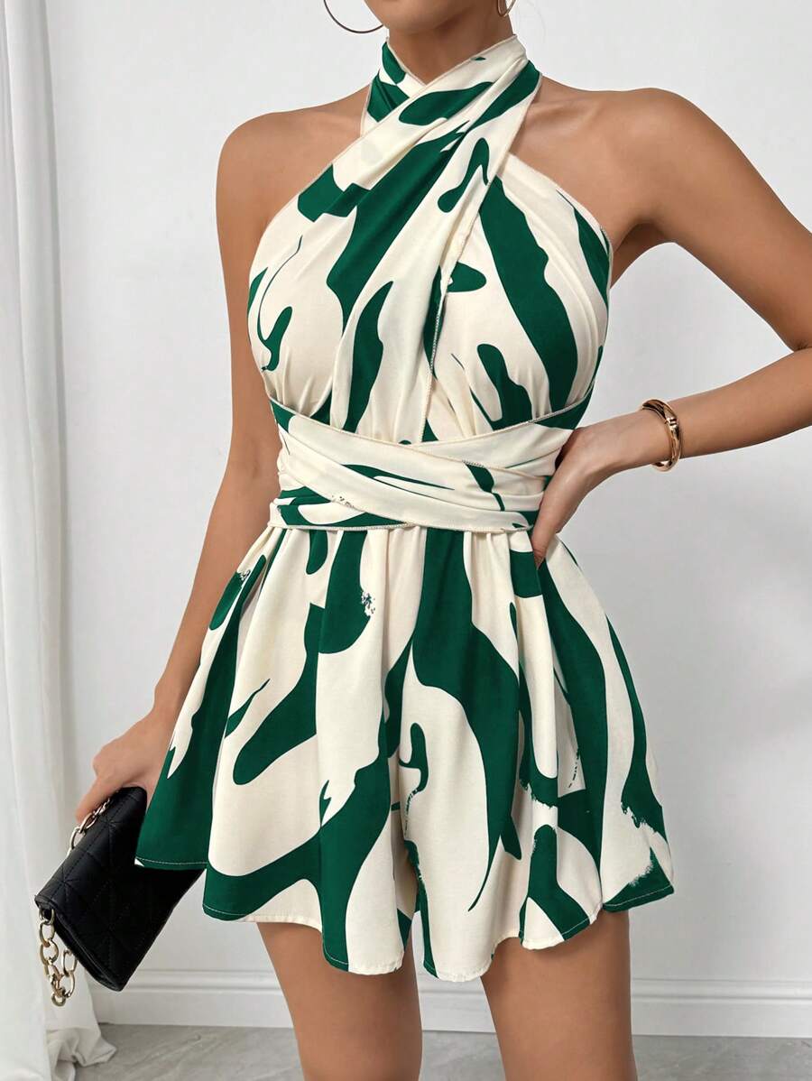 Chiquease Line Print Crossed Wrap Women's Vacation Romper - Dark Green - View 1