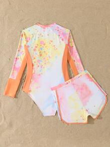 SHEIN 青少年女孩连体扎染印花拉链长袖泳衣（含独立短裤）泳装套装
