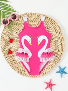 SHEIN Baby Girl Swan Print Ruffled Cute One-Piece Swimsuit For Beach/Swimming - Hot Pink - View 3