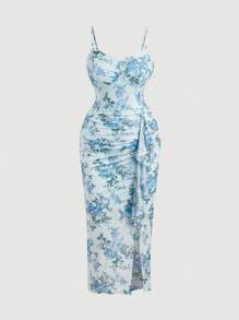 SHEIN MOD Plus Size Women Vintage Floral Print Ruched Slit Midi Dress,Blue Women Dresses,Fairy Dress,Formal Dress,New Year Eve, Party Dress,Holiday Dress, Women Clothes,Party Women Dresses,New Year,Valentine,Corset Dress,Birthday Dresses For Women