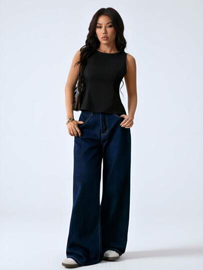 SHEIN PETITE 女式夏季时尚设计师黑色上衣