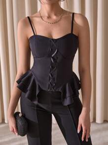 EURMUSE Femme Élégante Volant Partie Peplum Corset Bustier Détail de ruban satin Devant Garni de dentelle Laçage Couleur unie - Noir - Voir 1