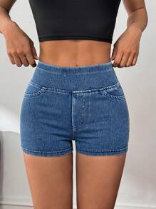 SHEIN PETITE Women's High Stretch Denim Mini Shorts: Casual Medium Wash Zipper Detail For Everyday Comfort - Medium Wash - View 3