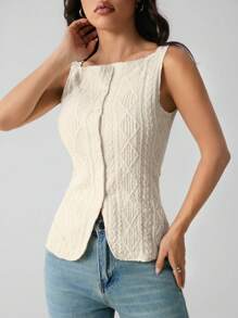 SHEIN PETITE 女式无袖几何纹理单排扣休闲衬衫，几何纹理和微弹力面料，女式修身背心，优雅时尚，适合通勤，简约时尚休闲日常吊带背心，春夏，无袖上衣，老式衬衫，女士西装 - 杏色 - 查看 4