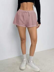 SHEIN PETITE Pantalones cortos casuales sueltos de mujer con cordón en la cintura y unicolor