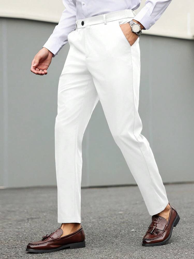 Manfinity Mode بنطلون بدلة رجالي سادة، مناسب للتنقلات والوقت الحر والسفر، مناسب لعطلات رأس السنة، هدية مناسبة للحبيب - أبيض - مشاهدة 5