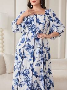 Modelyn Plus Size Elegant Floral All Over Print Lantern Sleeve Dress - Multicolor - View 4