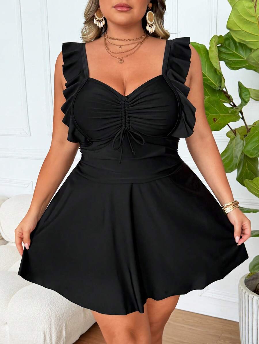 SHEIN CURVE+ Plus Size Women's Summer Ruffle Strap Drawstring Waist Tankini Swimsuit Set With Skirt - Black - View 1