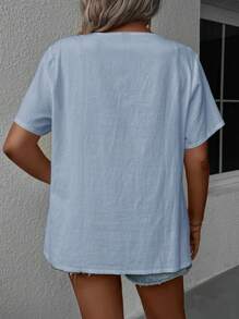 EMERY ROSE Plus Size Women V-Neck Contrast Lace Short Sleeve Casual Blouse - Baby Blue - View 2